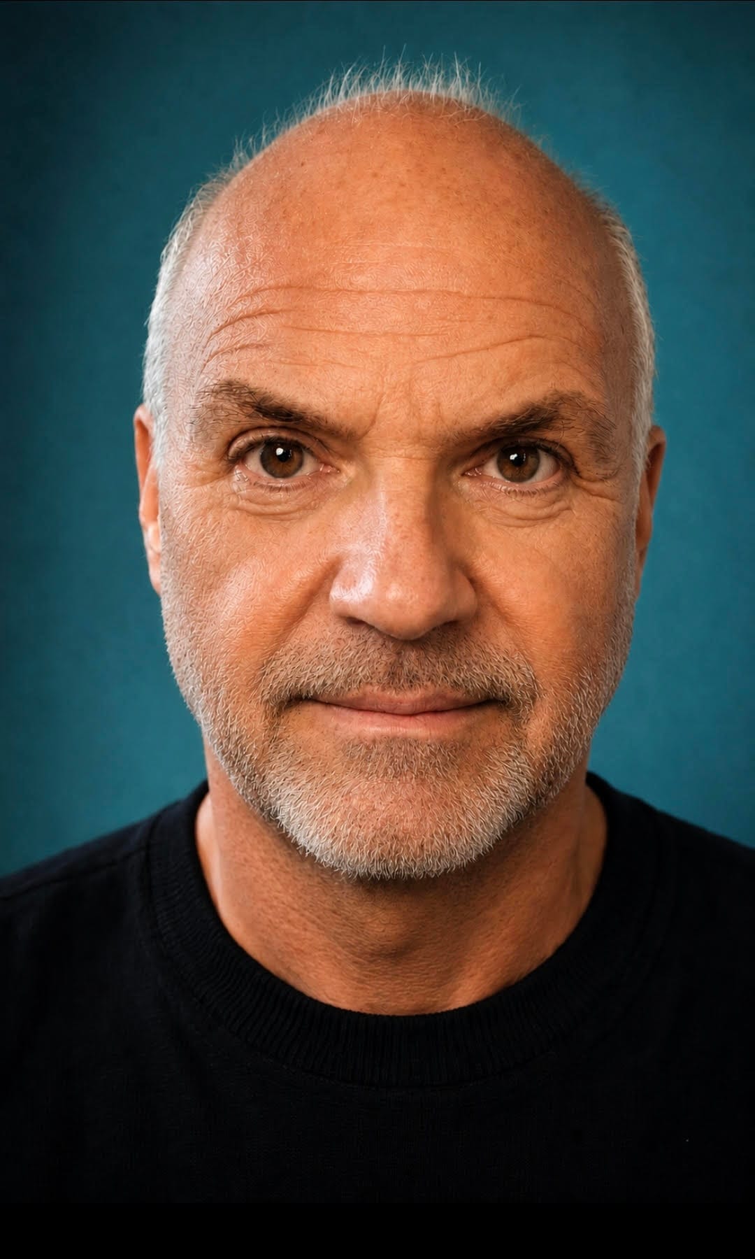 A headshot of actor Andy Hockley, a middle-aged white man with short grey stubble and brown eyes. He's looking at the viewer with a slight smile, and e is wearing a black top.